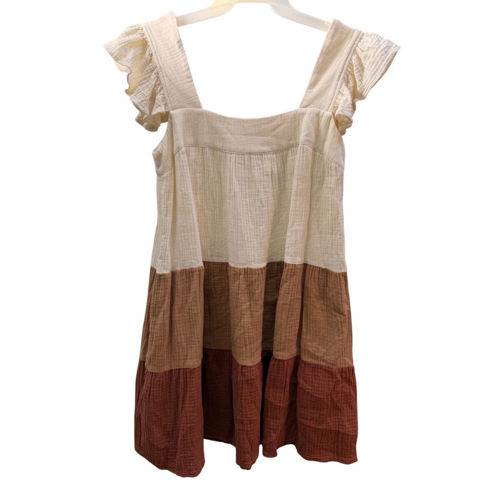 Entro Women Colorblock Cotton Gauze Ruffle Tiered Mini Dress Cream Rust M D16382